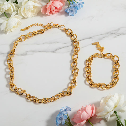 Modern European Geometric Chain INS-Style Necklace and Bracelet set in 18K Gold Plating