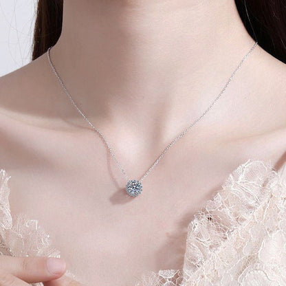 Italian Sunshine Halo Pendant 1 Carat Moissanite Necklace set in Platinum Plated 925 Silver (GRA) Capella Jewellery