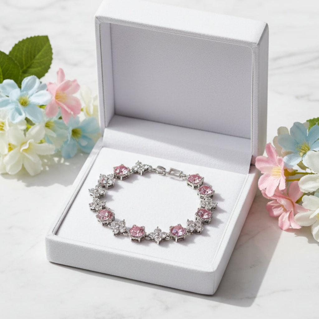 Stars and Flowers Inlaid Natural Zircon Gemstone Bracelet set in Platinum Plating