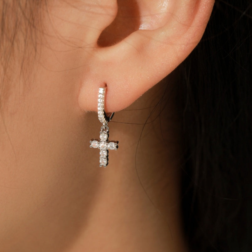 Holy Christian Cross 1 Carat Moissanite Diamond Earrings set in Platinum Plated 925 Silver (GRA)