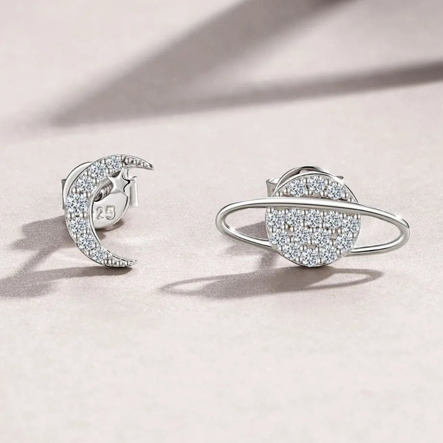 Moon & Saturn Micro Inlaid Moissanite Diamond Earrings set in 925 Sterling Silver (GRA)