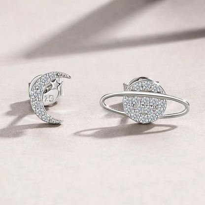 Moon & Saturn Micro Inlaid Moissanite Earrings set in 925 Sterling Silver (GRA) Capella Reya front close up image