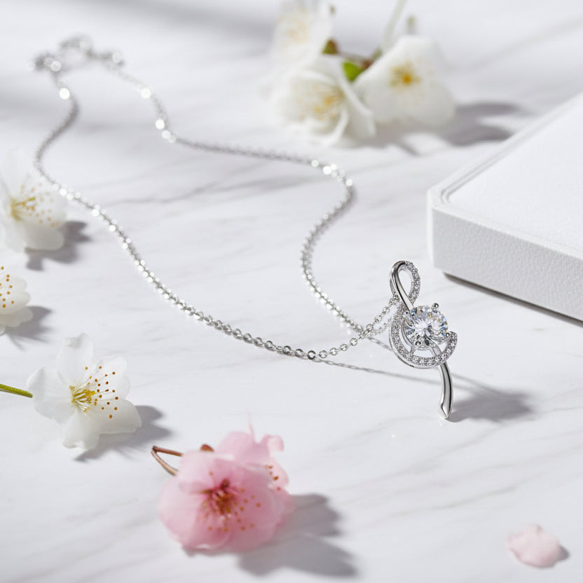 Musical Note 2 Carat Moissanite Diamond Pendent set in Platinum Plated 925 Silver (GRA)