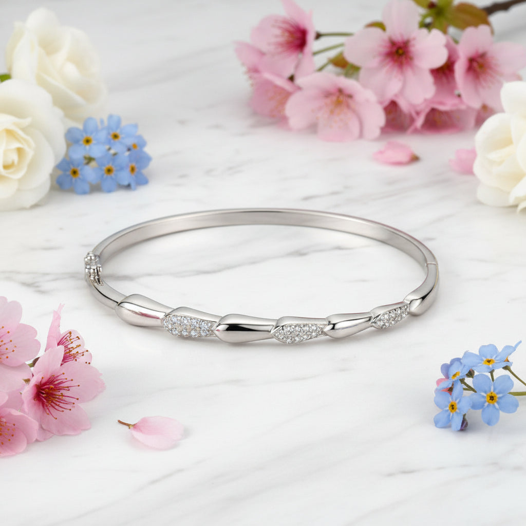 Modern Bangle Micro inlay Natural Zircon Crystal Gemstone Bracelet set in 925 Silver