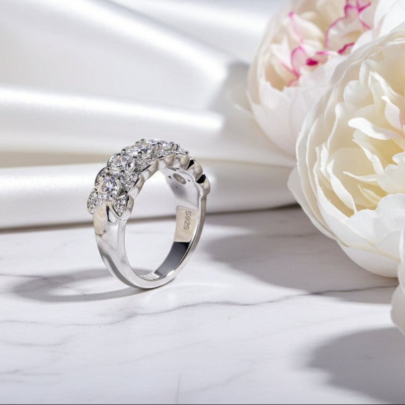 French Half Eternity Ring 2 Carat Moissanite Diamond set in 18K White Gold Plated 925 Silver (GRA)