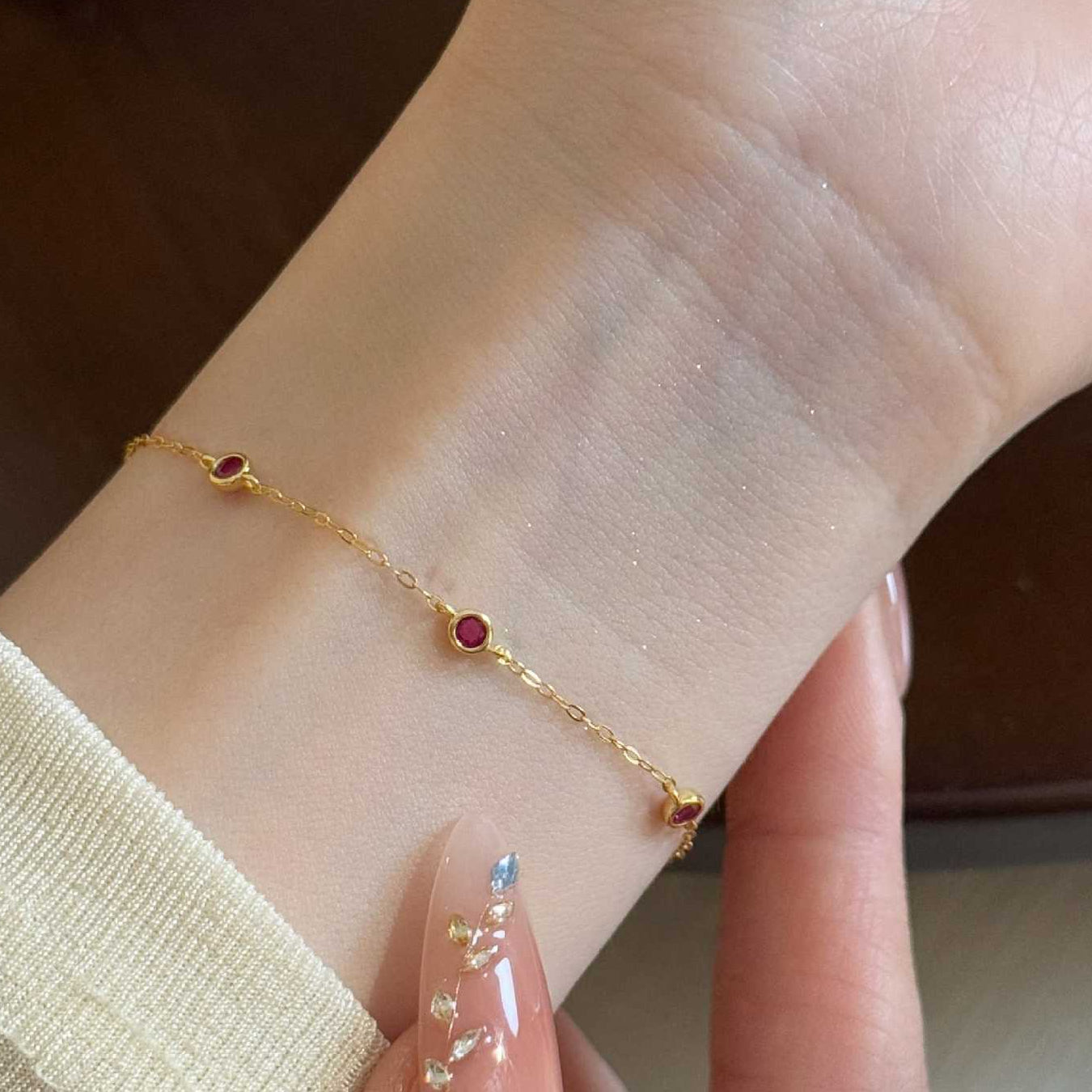 Delicate Five Ruby Bracelet set in 18K Gold Plated Premium 925 Sterling Silver