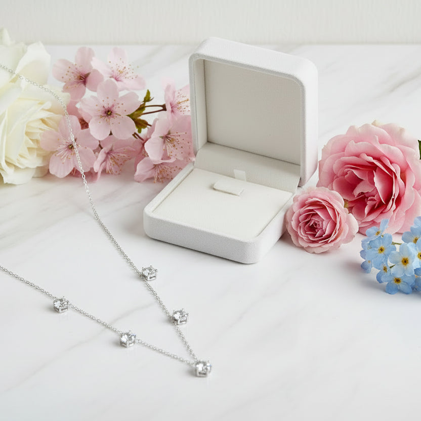 Korean Design Five 1 Carat Moissanite Diamond Necklace set in 18K Gold Plated 925 Silver (GRA)