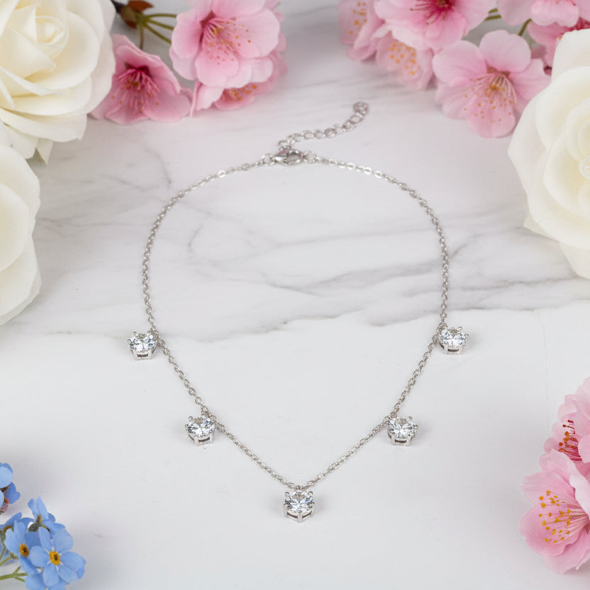 Korean Design Five 1 Carat Moissanite Diamond Necklace set in 18K Gold Plated 925 Silver (GRA)