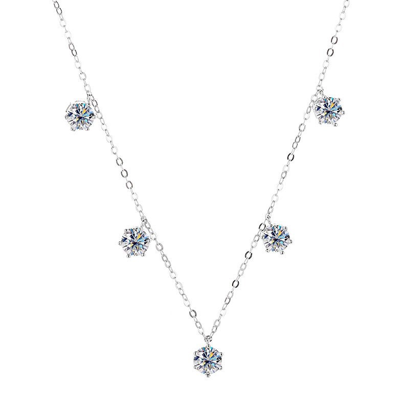 Korean Design Five 1 Carat Moissanite Diamond Necklace set in 18K Gold Plated 925 Silver (GRA)