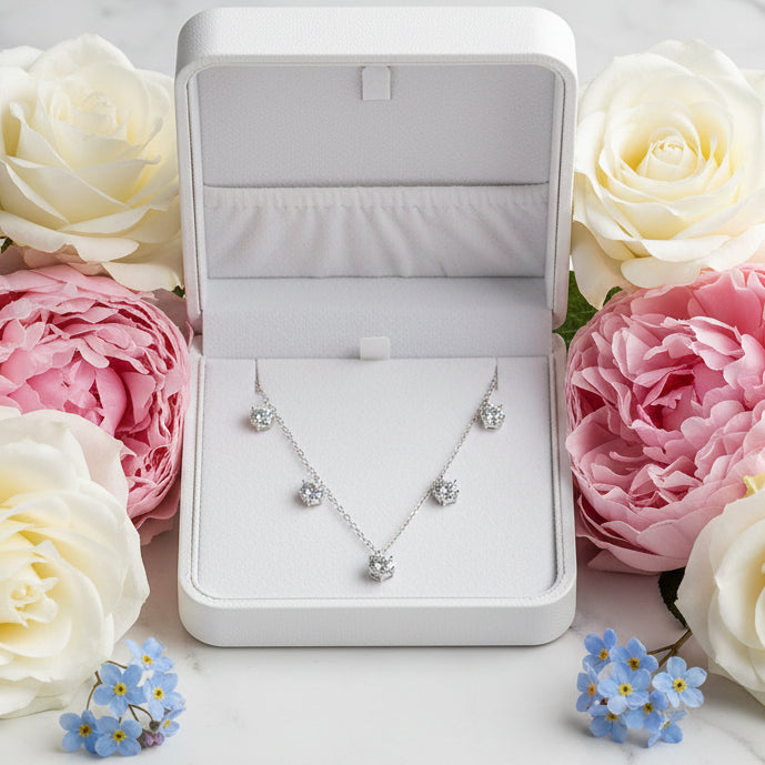 Korean Design Five 1 Carat Moissanite Diamond Necklace set in 18K Gold Plated 925 Silver (GRA)