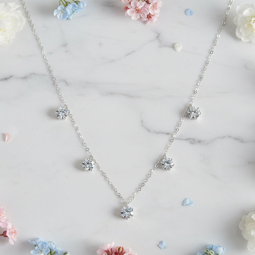 Korean Design Five 1 Carat Moissanite Diamond Necklace set in 18K Gold Plated 925 Silver (GRA)
