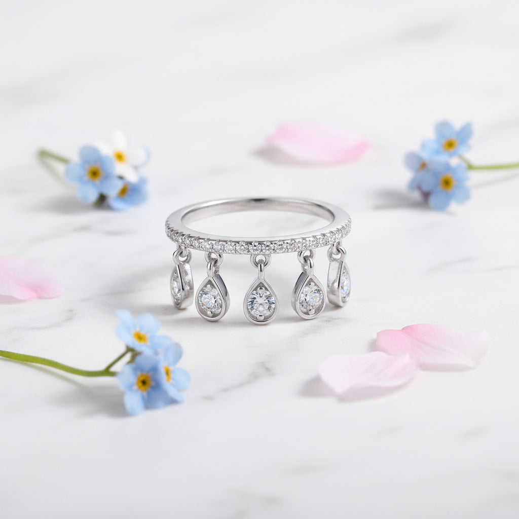 French Tassel Pavé 0.5 Carat Moissanite Diamond Ring set in 18K White GoldPlated 925 Silver (GRA)