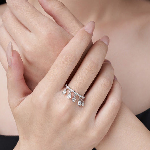 French Tassel Pavé 0.5 Carat Moissanite Diamond Ring set in 18K White GoldPlated 925 Silver (GRA)