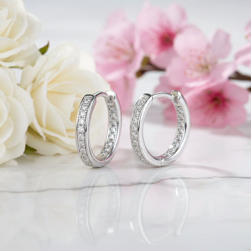 Linear Row Hoop Earrings Micro Moissanite Diamond set in 18K Gold Plated 925 Silver
