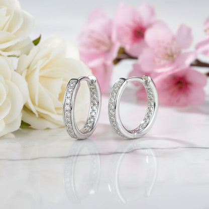 Linear Row European Inspired Hoop Micro Moissanite Earrings set in 18K Gold Plated 925 Silver Capella Reya white gold close up