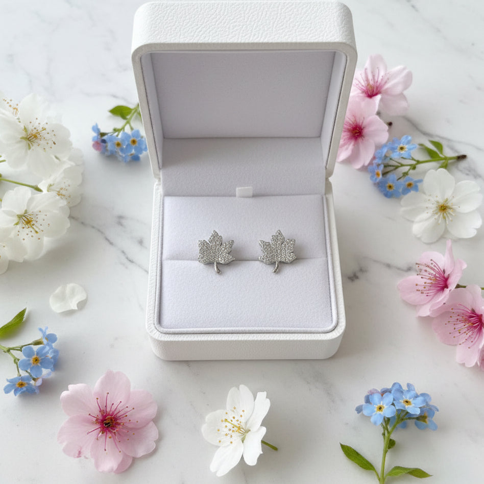 French Maple Leaf Design Micro Inlaid Natural Zircon Gemstone Earrings set in 925 Silver