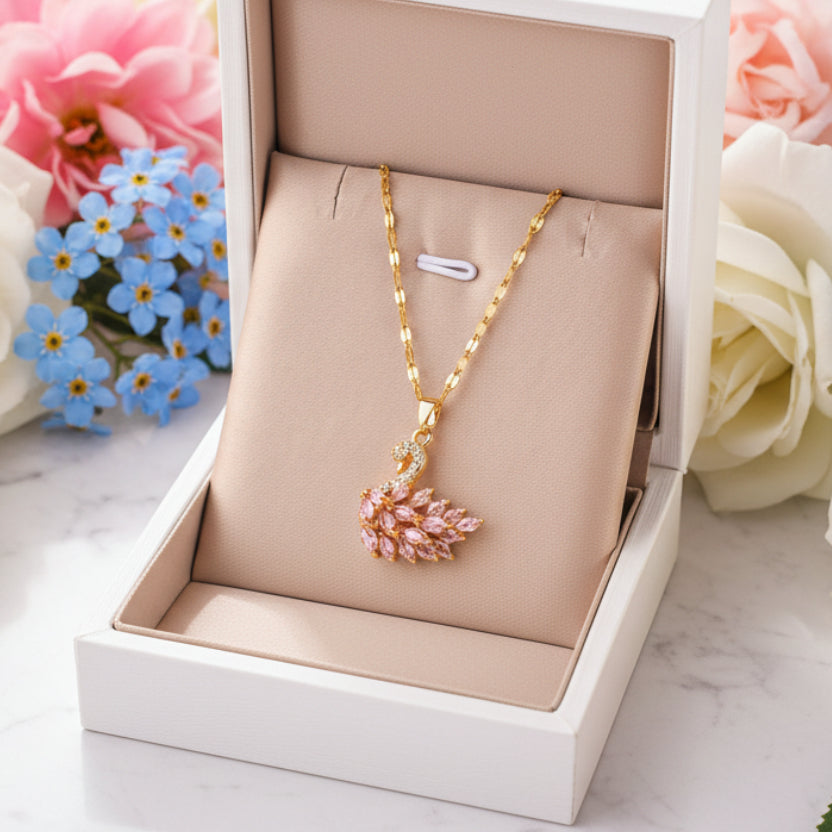 Luxury Swan Motif Inlaid Natural Zircon Gemstone Pendant set in 18K Gold Plating Necklace Capella Jewellery