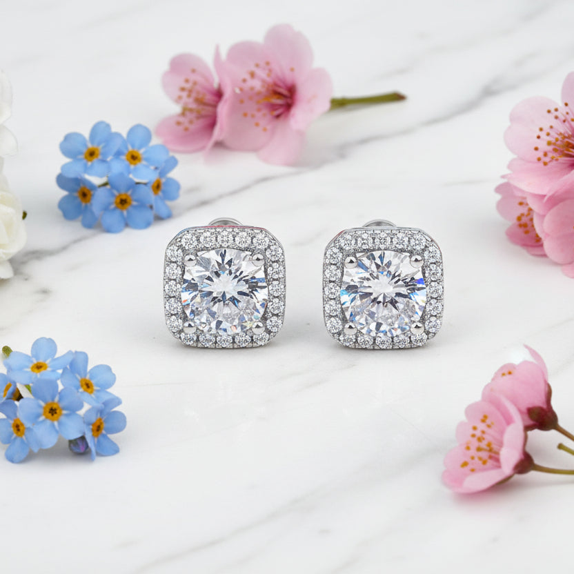 Korean Quadrilateral Design 2 Carat Moissanite Diamond Earrings set in 925 Silver (GRA)