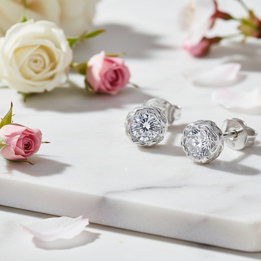 European Rose Flower 1 Carat Moissanite Earrings set in 18K White Gold 925 Silver (GRA) Capella Jewellery