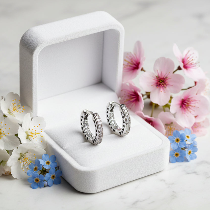 Heart Pave Micro Inlaid Natural Zircon Gemstones Hoop Earrings set in 925 Sterling Silver