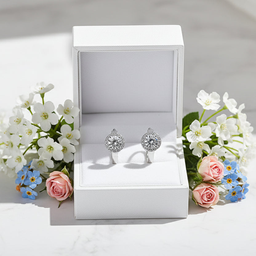 Italian Square / Round Design Natural Zircon Gemstone Earrings set in Platinum Plated 925 Silver
