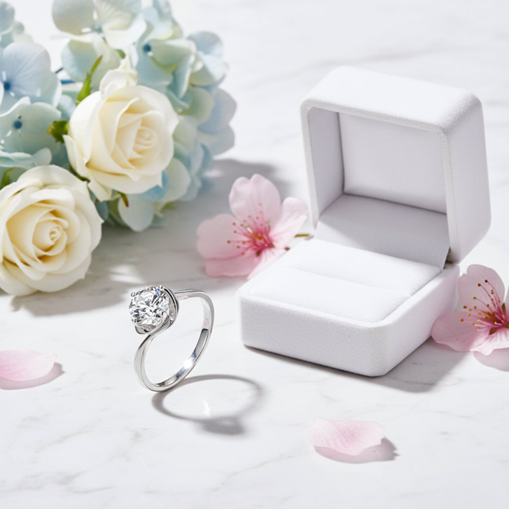 Italian Solitaire Twist Design 1 Carat Moissanite Ring set in 18K White Gold Plated 925 Silver (GRA)