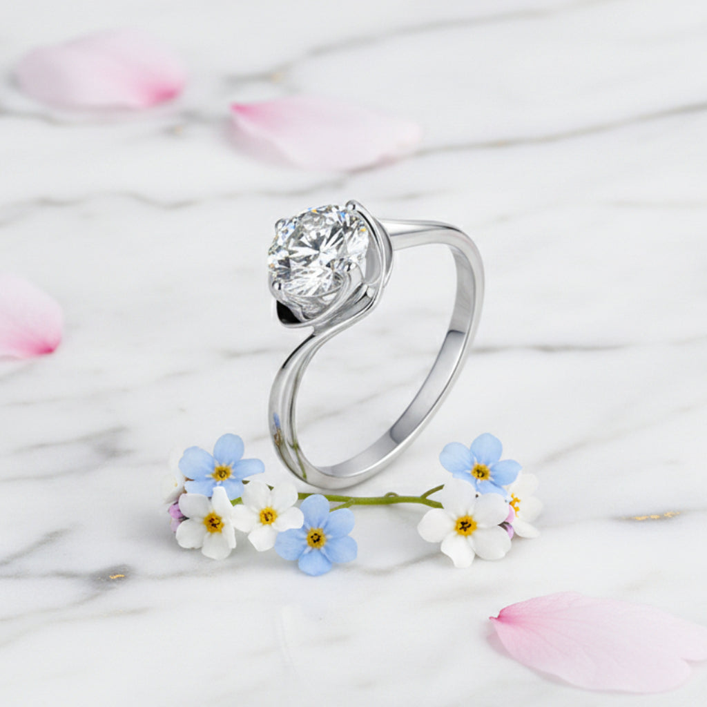 Italian Solitaire Twist Design 1 Carat Moissanite Ring set in 18K White Gold Plated 925 Silver (GRA)