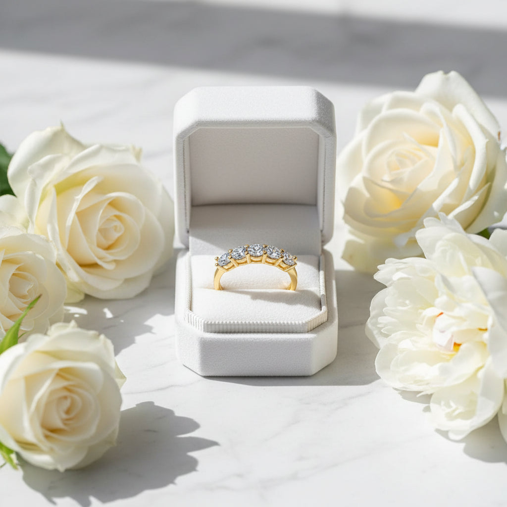 American Five Star Row Design 1.5 Carat Moissanite Diamond Ring set in Platinum Plated 925 Silver