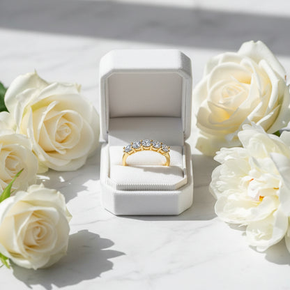 American Five Star Row Design 1.5 Carat Moissanite Ring set in Platinum Plated 925 Silver Capella Jewellery