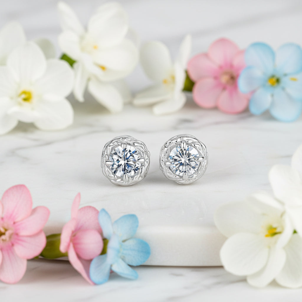 European Rose Flower 1 Carat Moissanite Earrings set in 18K White Gold 925 Silver (GRA) Capella Jewellery