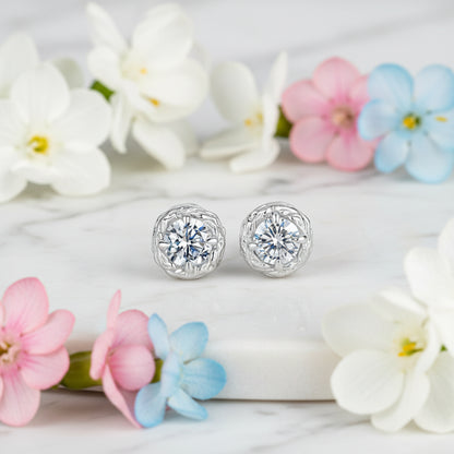 European Rose Flower 1 Carat Moissanite Earrings set in 18K White Gold 925 Silver (GRA) Capella Jewellery