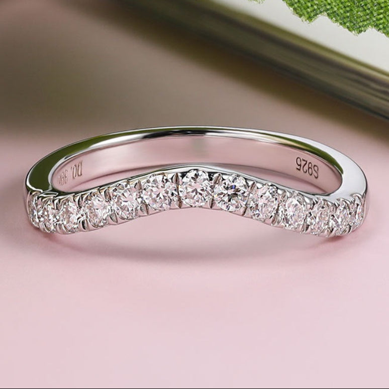 French V-Shaped Ring 13 Pave Micro Moissanite Diamonds set in Platinum Plated 925 Silver (GRA)