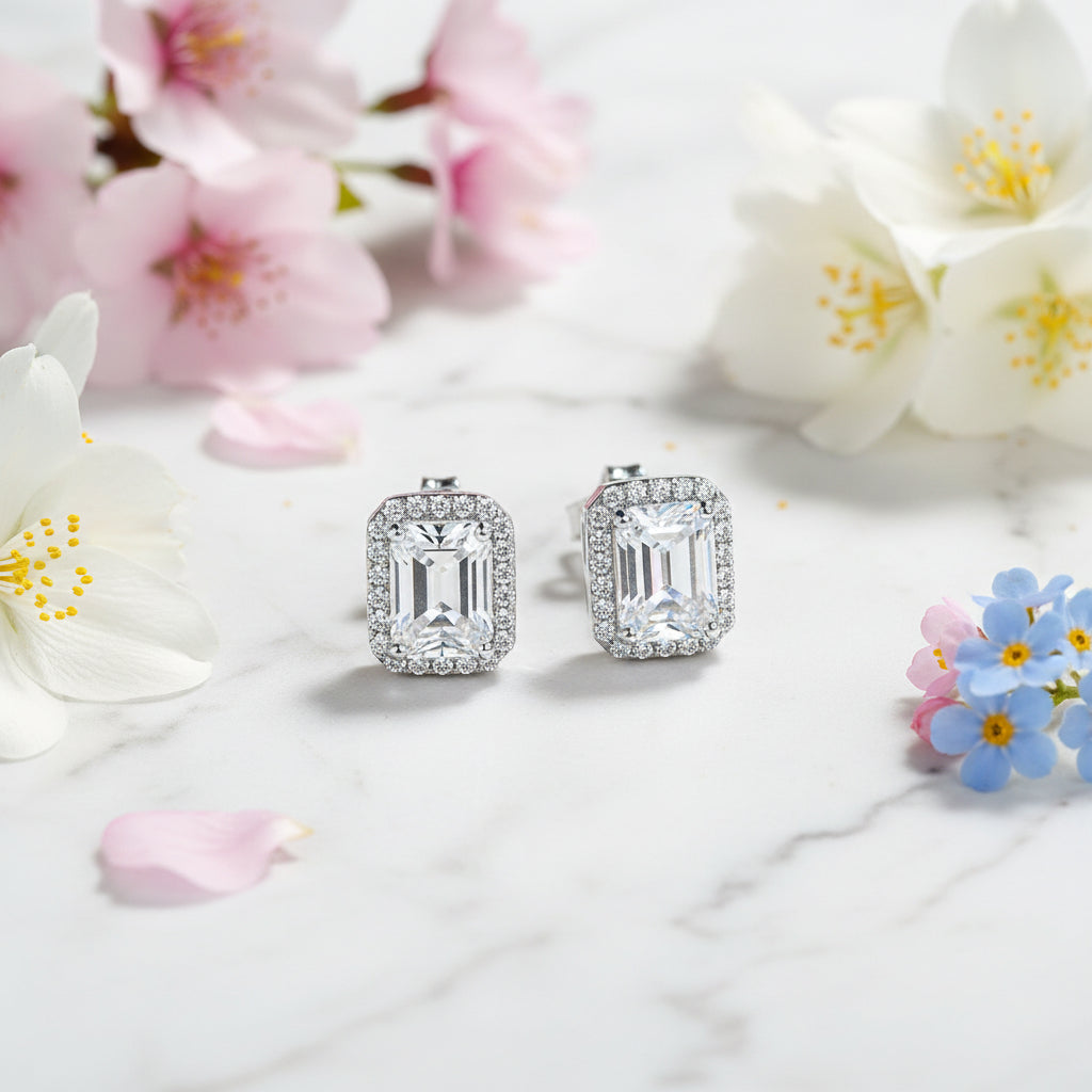 Italian Large Emerald Cut Design 4 Carat Moissanite Diamond Earrings set in 925 Silver (GRA)