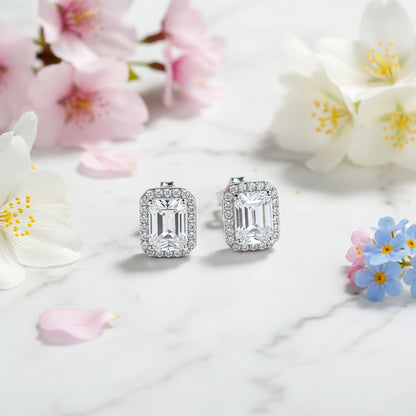Italian Large Emerald Cut 4 Carat Moissanite Earrings in 18K White Gold Plated 925 Silver (GRA) Capella Jewellery close up front
