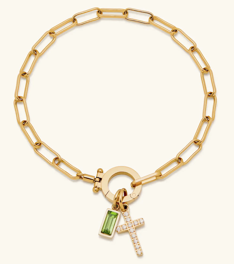 Holy Christian Cross Birth Stone Natural Zircon Gemstone Charm Bracelet set in 18K Gold Plating Capella Jewellery