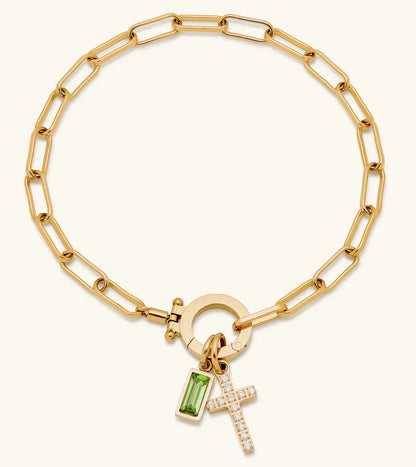 Holy Christian Cross Birth Stone Natural Zircon Gemstone Charm Bracelet set in 18K Gold Plating Capella Jewellery