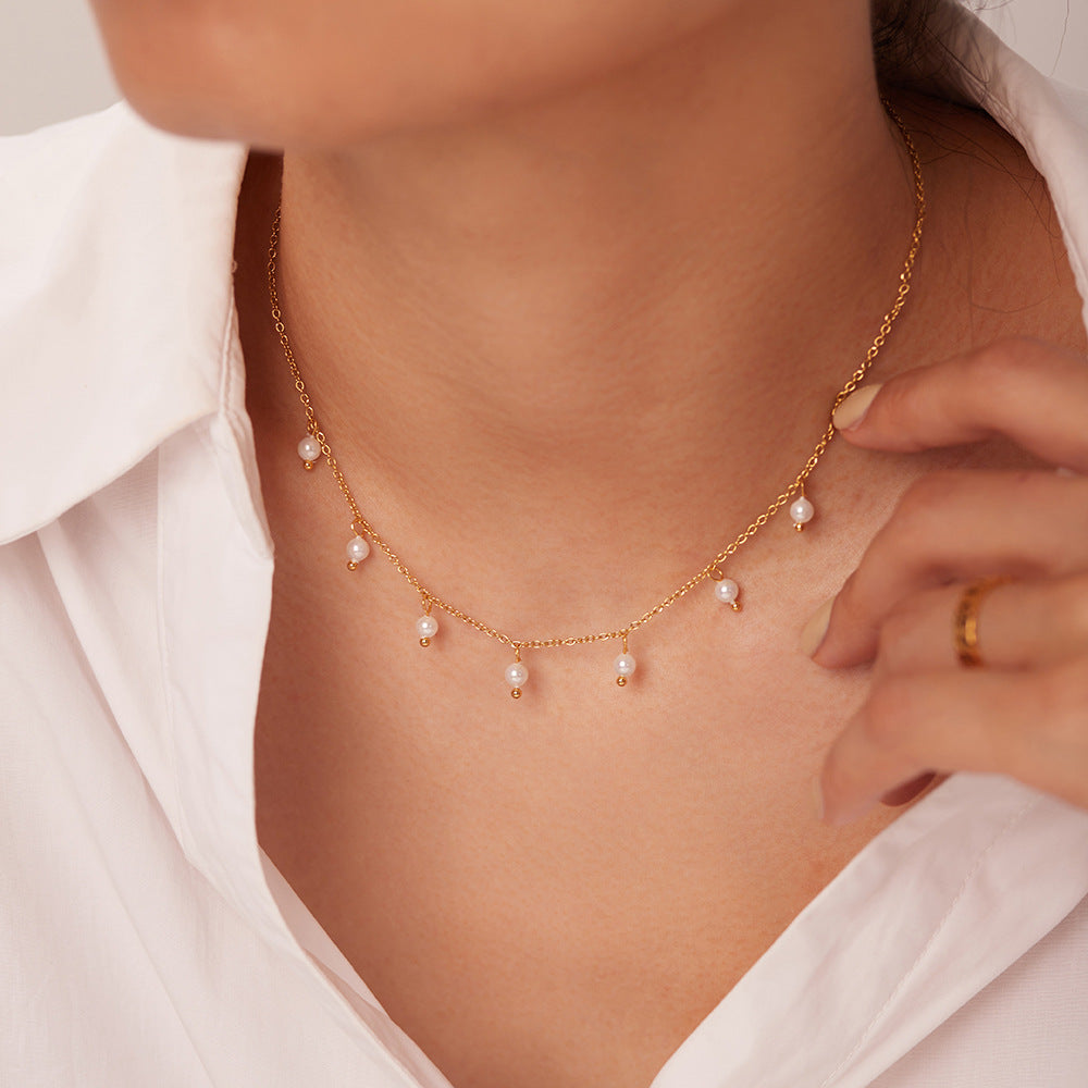 Italian Design Elegant Style Fresh Pearl Tassel Necklace set in 18K Gold Plating