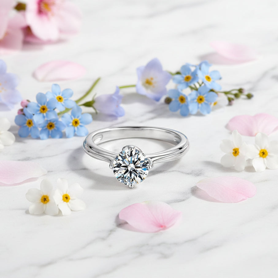 Italian Straight Arm Lotus 1 Carat Moissanite Diamond Ring set in 18K White Gold Plated 925 Silver (GRA)