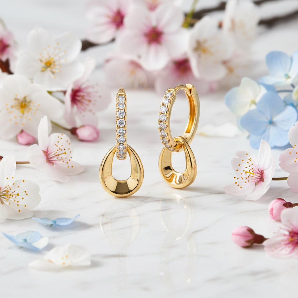 Italian Waterdrop Design Micro Inlaid Moissanite Diamond Earrings set in 18K Gold Plated 925 Silver