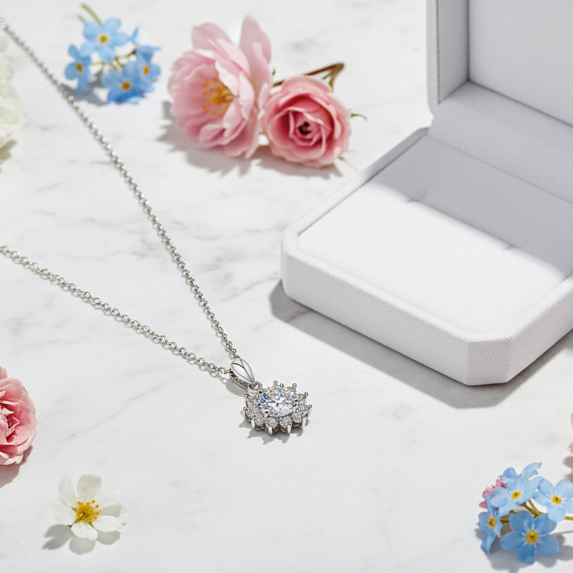 Summer Sunflower 2 Carat Moissanite Diamond Pendant set in 925 Silver Necklace (GRA)