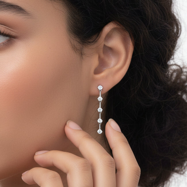 French Long Tassel Design 1 Carat Moissanite Diamond Earrings set in Platinum Plated 925 Silver