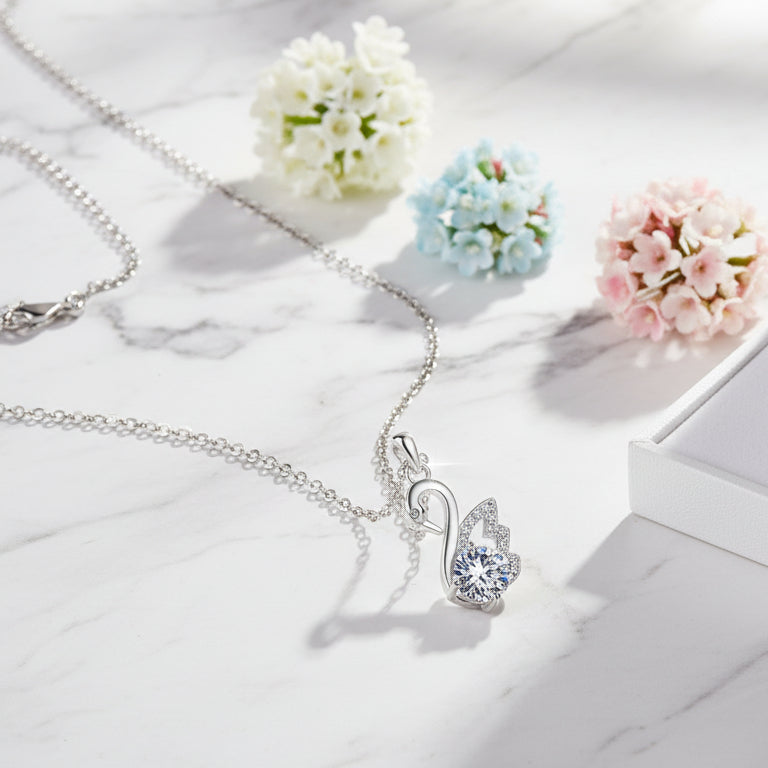 Elegant Swan 1 Carat Moissanite Diamond Necklace set in 18K Gold Plated 925 Silver (GRA)