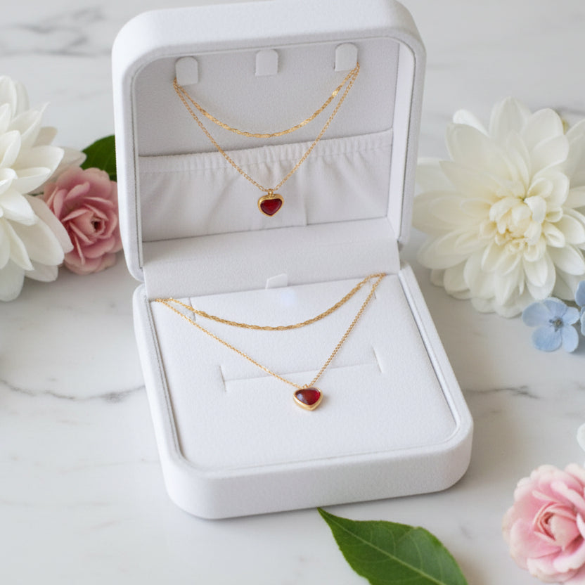 Italian Vintage Red Heart Natural Crystal Love Pendant Necklace set in 18K Gold Plating Capella Jewellery