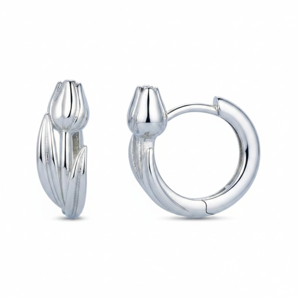 European Tulip Inspired Design Earrings set in Platinum Plated 925 Pure Sterling Silver