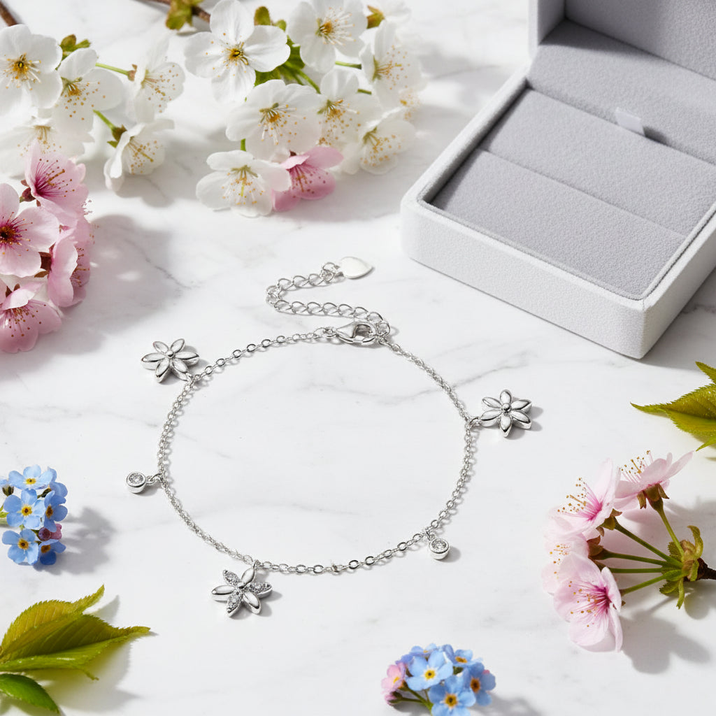 Little Summer Flower Moissanite Diamond Bracelet set in Platinum Plated 925 Silver (GRA)