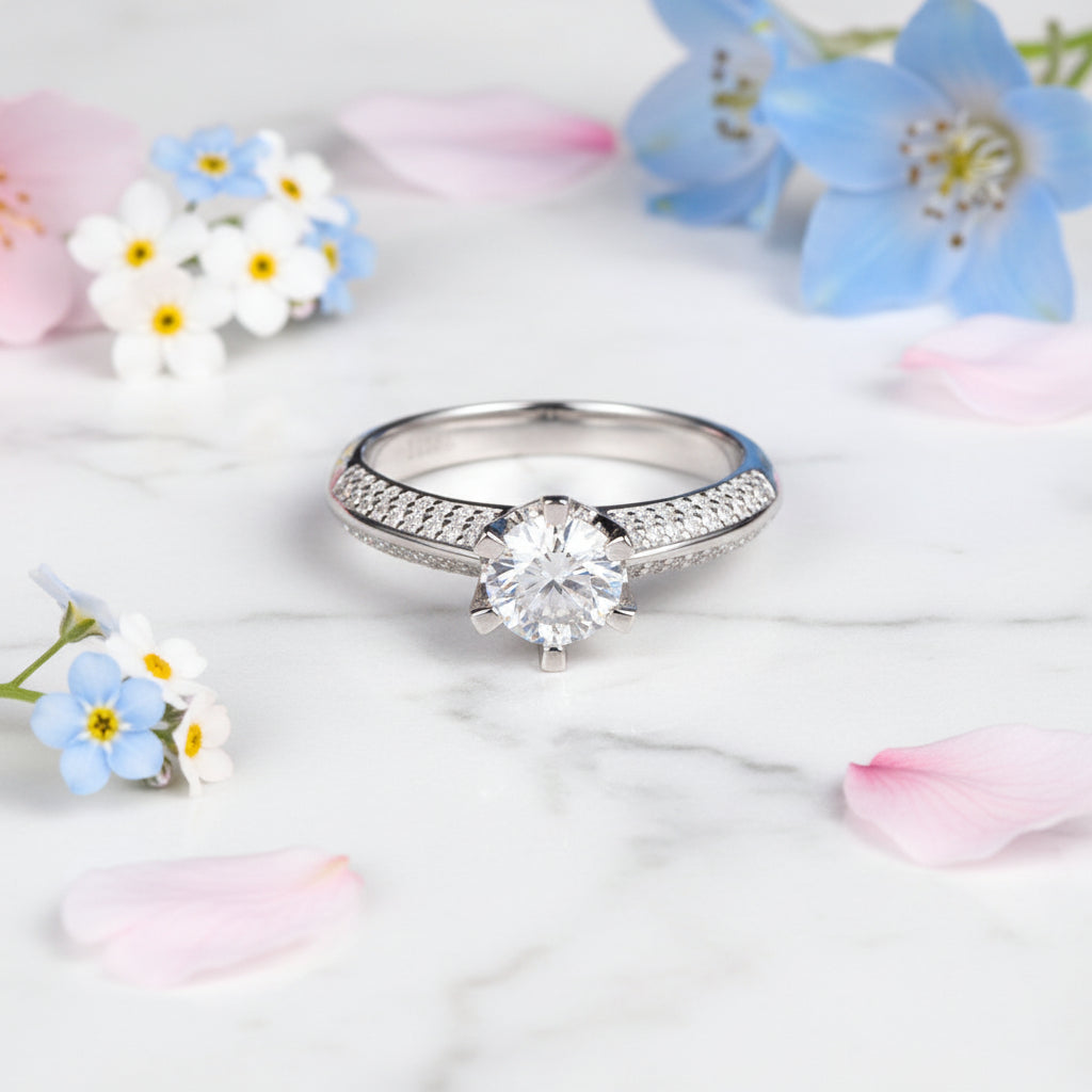 European Six-Claw Pavé 1 Carat Moissanite Diamond Ring in 18K White Gold Plated 925 Silver (GRA)