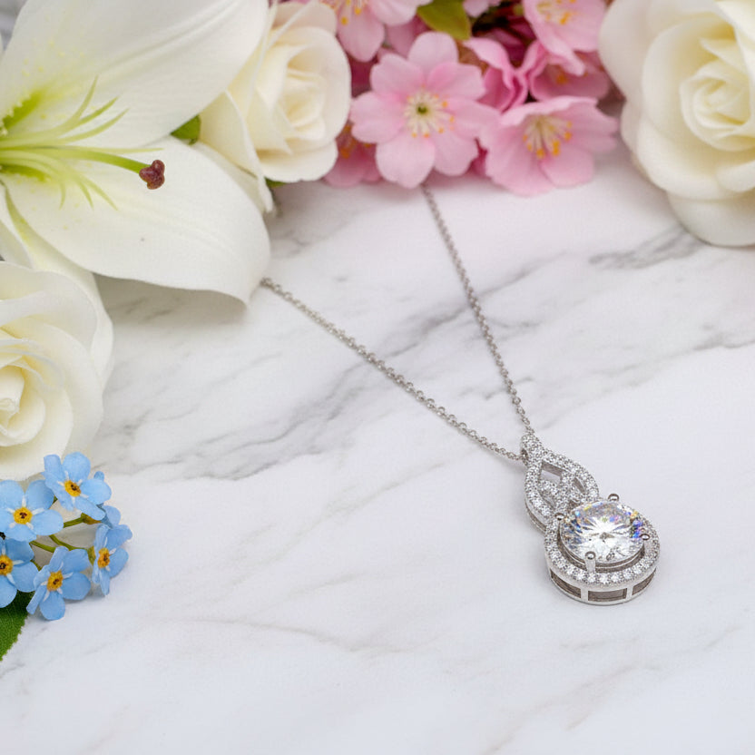 Korean Design 1 Carat Moissanite Diamond Pendant set in Platinum plated 925 Silver (GRA)