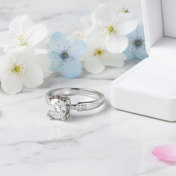 Modern Italian Engagement Ring 1 Carat Moissanite Diamond set in Platinum Pleated 925 Silver (GRA)