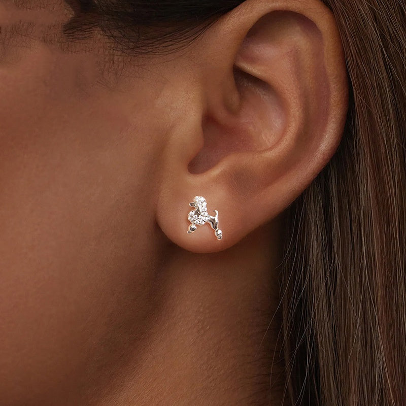 French Mini Poodle Design Micro Natural Zircon Gemstone Earrings set in Platinum 925 Silver