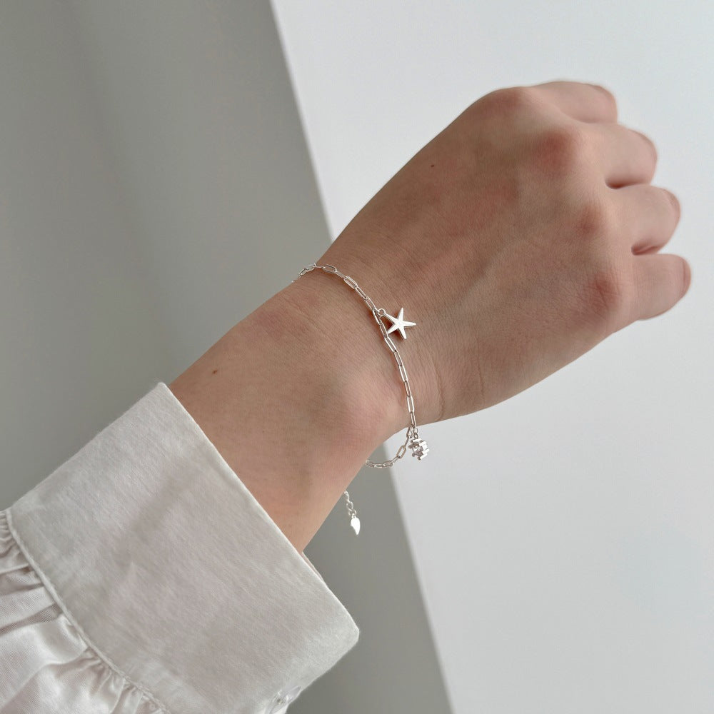 Ocean Starfish and Shell Natural Zircon Gemstone Bracelet set in 925 Sterling Silver